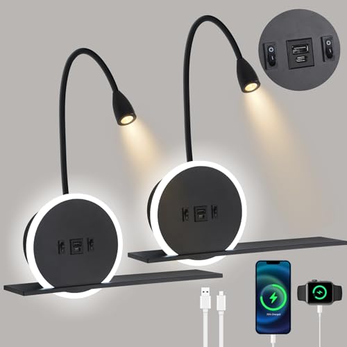 LED Liseuse de chevet 2 pièces, lampe murale avec interrupteur,Lampe de Lecture avec port de charge USB + Type C, 3W 3000K + 9W 6000K applique tete de lit, lampe de chevet pour chambre d'hôtel, noir