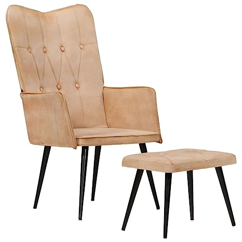 vidaXL Sillón Orejero con Reposapiés Sofá Asiento Acolchado Butaca Silla de Ocio Salón Sala de Estar Dormitorio Cuero Auténtico Crema Canela