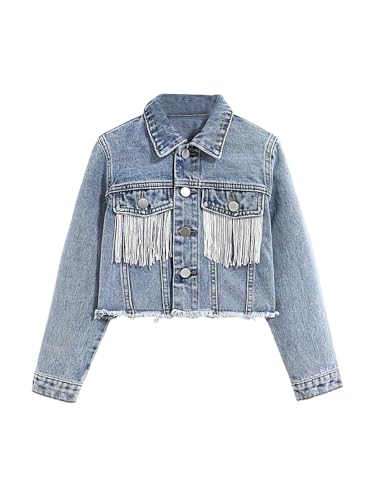 MakeMeChic Girl's Fringe Denim Jackets Long Sleeve Raw Trim Button Down Coat Outerwear