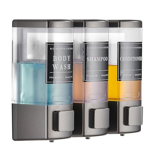 Image of Shower Shampoo Dispenser 3 Chamber No Drill, Grey | Wall Mounted, Large Capacity 3x16.9oz, ABS Plastic Material, Refillable With Labels, For Bathroom Hotel