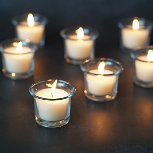 Image of HOSLEY Oyster Cup Clear Glass Filled Candles 48 Pack Ivory Hand Poured Unscented Wax Candles for Home Restaurants Shabbat Church Weddings Romantic Moments Party Spa Meditation