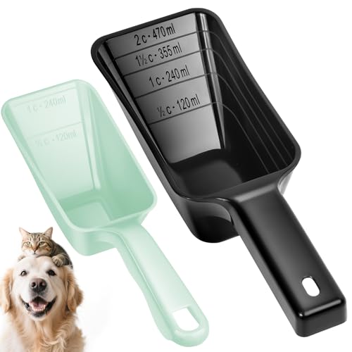 GNEOCO 2 Pack Dog Food Scoop with 1 Cup and 2 Cup Capacity Plastic Pet Food Measuring Scoops with Clear Measurement Lines for Dogs Cats & More Dishwasher safe (Green and Black)