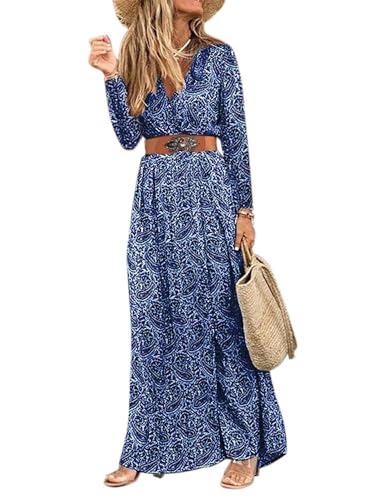 MessBebe Damen Boho Blumendruck Maxi Kleid V-Ausschnitt Kurzarm High Taille Sommerkleid mit Gürtel