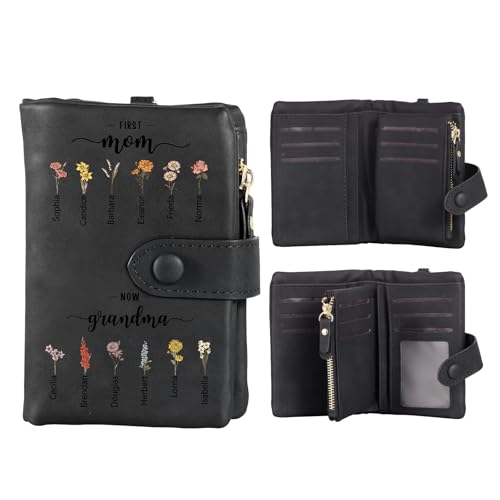 Personalized Names Birth Flowers Wallet for Women - Custom 12 Names with Birth Flowers Wallet First Mom Now Grandma Gifts for Mother's Day Gift