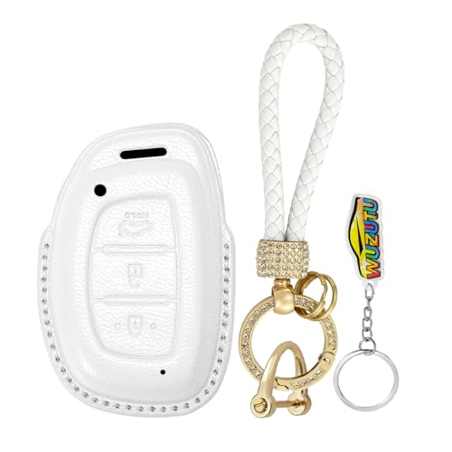 WUZUTU Soft Leather Car Key Fob Cover Case Compatible With Hyundai I10 I20 I30 I40 IX30 IX35 IX20 IX45 IX55 Hb20 Ioniq Tucson Elantra GT Kona Car Accessories Key Fob Holder Keychain 3 Buttons-A White