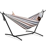 PNAEUT Double Hammocks with Stand for Outside, Portable Space Saving Heavy-Duty Steel Stand for Indoor Outdoor Patio with Carrying Bag, 450 lbs Capacity (Coffee)