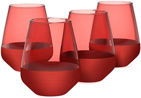 RAKLE Stemless Wine Glasses – Set of 4 Red Colored Wine Glasses – 14.3oz Colorful Wine Glasses – Lead-Free Premium Glass – Stemless Drinking Glasses for Cocktails, Wine, Bar Drinks