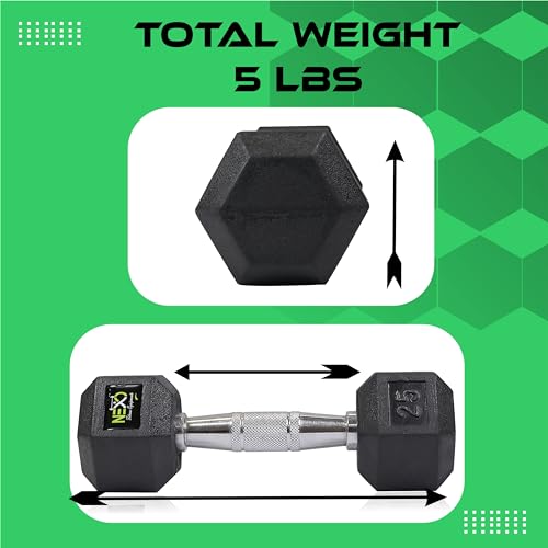 Image of NEXO Rubber Coated Hex Dumbbells for Home Gym Exercise | Workout Dumbbells Weights for Men & Women| 5kg Hex dumbbells set of 2 (2.5kg x 2) | Color - Black