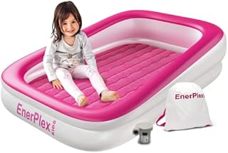 EnerPlex Kids Inflatable Travel Bed with High Speed Pump, Portable Air Mattress for Kids on The Go, Blow up Toddler Travel Bed with Sides – Built-in Safety Bumper - Pink
