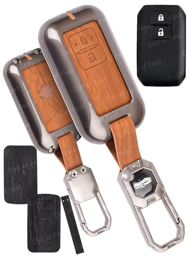 Image of Car Key Cover Compatible with Maruti Suzuki jimny Baleno Grand Vitara XL6 Swift New Brezza 2022 Ertiga Dzire 2-Button Smart Key (Dual Leather Metal (Black & Brown))