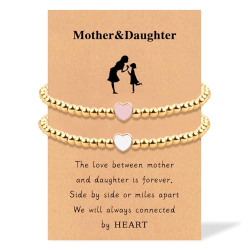 2pcs Mother and Daughter Matching Heart Bracelets Set,Handmade Copper Bead Bracelets Adjustable Rope Bracelets for Birthday Gifts (pink and white)