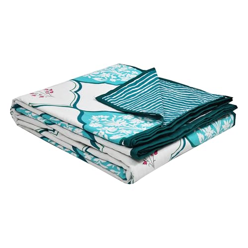 Image of BLOCKS OF INDIA 100% Cotton Dohar King Size Reversible Hand Block Printed Malmal Summer Dohar /Blanket (MUGHAL Turquoise)