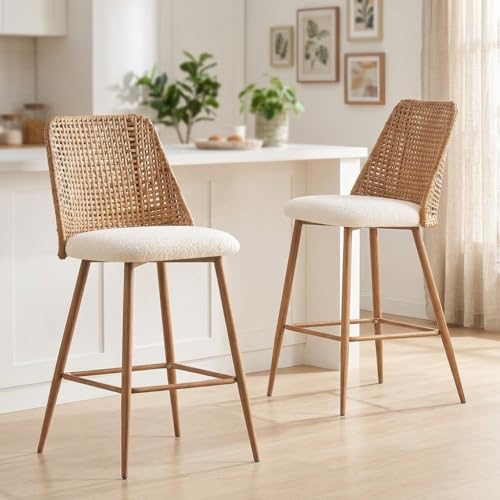 Butacos modernos de altura para barra, juego de 2 unidades, asiento de tela bouclé y respaldo de ratán PE, patas metálicas, color marrón miniatura 3