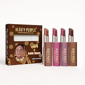 Beauty People Desi Diva Matte Lipstick, Intense Colour, Moisturises & Hydrates Lips, 12 Hour Colour Payoff, Longlasting, Waterproof, With Jojoba Oil & Vitamin E, Shade (Nude & Browns-PACK OF 4)