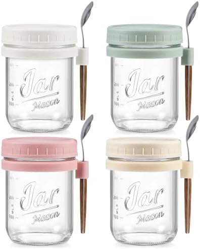 4 Pack Overnight Oats Containers with Lids and Spoons, 16 oz Glas...
