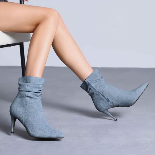Perphy Slouched Boot Stiletto Heels Denim Faux Leather Ankle Boots for Women3