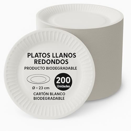 Platos de cartón blancos biodegradable, Plato de cartón llano redondo, apto para uso alimentario, Recomendado solo para alimentos secos, Certificado FSC® MIX 70%, Diámetro 23 cm, 200 unidades