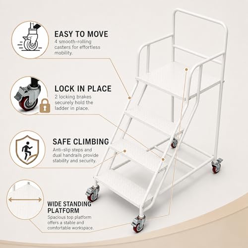 Image of 4 Step Rolling Ladder with Handrails, 880 lbs Capacity Heavy Duty Steel Mobile Warehouse Ladder with Locking Wheels, Non-Slip Rolling Stairs with Large Platform for Garage, Stockroom, Library