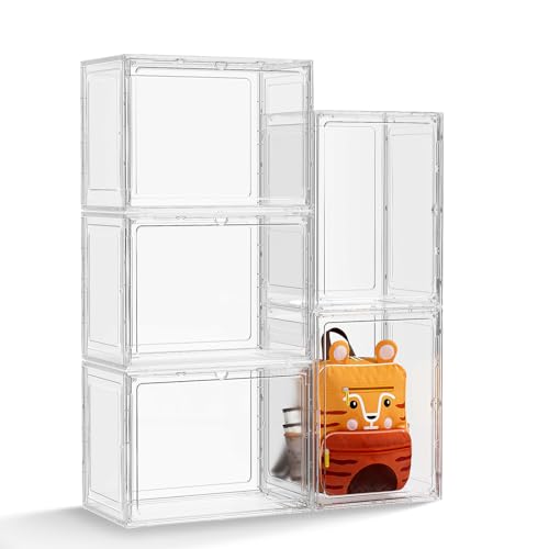 MSHOMELY Clear Display Case for Collectibles, Purse Organizer for Closet, Handbag Storage Organizer 5 Pack Stackable Storage Boxes with Magnetic Lid for Shoes, Books, Purse, White