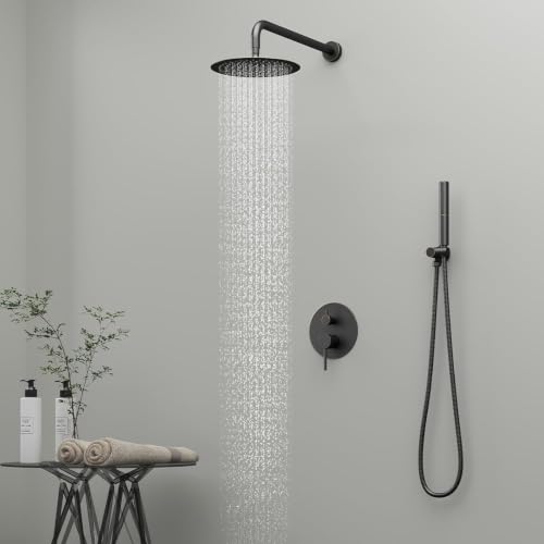 Image of BESy Shower System with 10 Inch Round Rain Shower Head and Handheld Wall Mounted, High Pressure Rainfall Heads Shower Faucet Fixture Combo Set with 2 in 1 Spray Showerhead for Bathroom, Bronze