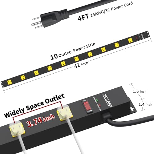 Image of ZESEN 10 Outlet Long Power Strip, Wide Spaced Outlet Power Bar, Heavy Duty Metal Power Strip with 4FT Cord for Work Bench, Garage, Shop, Overload Protection Switch, ETL Listed (15A /1875W), Black