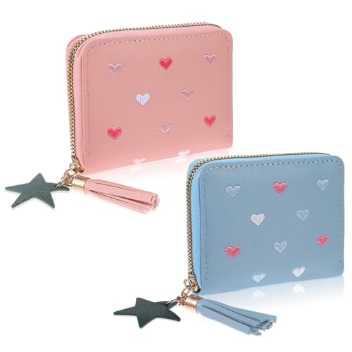 2 Stück Geldbörse Mädchen Portemonnaie Weich PU Leder Mini Geldbörse Damen mit Quaste Reißverschluss Münzfach und Kartenfächern für Teens Mädchen Frauen