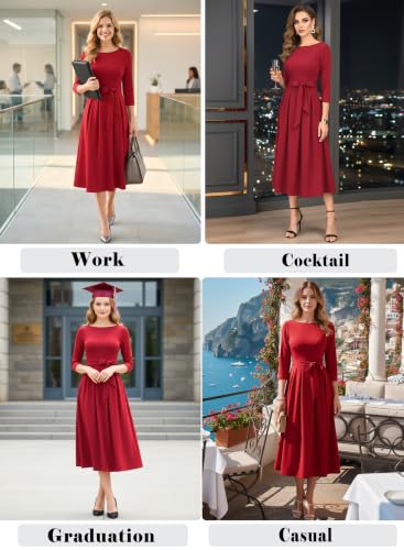 Image of VFSHOW Womens Work Business Casual Church Pockets Belted A-Line Midi Dress