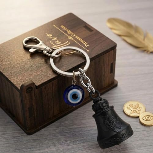 Image of OTTAVO Premium Guardian Bell Keychain for Bike & Car | Tibetan Texture Bell Keychain with Evil Eye & Silver Hook | Good Luck Charm with Laser-Engraved Wooden Gift Box