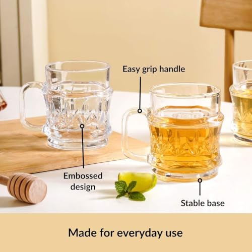 Image of Nestasia Transparent Glass Tea Cups Set of 6 (165ml Each) - Dishwasher Safe & 100% Food Safe Coffee Cups with Handle for Coffee, Tea, Hot & Cold Beverages | Vintage Cut Texture Design