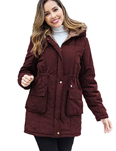 Beyove Women Thicken Warm Winter Coat Hooded Parka Overcoat with Big Pockets Jacket Outwear, Wine Red Medium