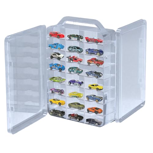 Estojo de armazenamento de dupla face para armazenamento Hot Wheels com alça de transporte, caixa de armazenamento portátil de carros de brinquedo em escala 1/64 compatível com 46 Matchbox Hot Wheels