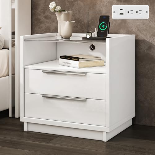 Image of AMERLIFE Nightstand, 23.6 inch End Table with Charging Station, Modern High Gloss Bedside Table with Glass Top, Spacious Drawers & Open Shelf, Easy Assembly, Bedroom Storage, White