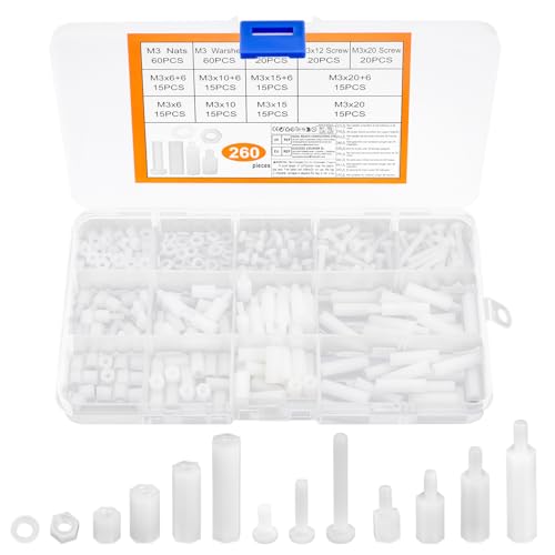 260 Stk M3 Schrauben Set, Nylon Schrauben Muttern Set, PCB Board Standoffs Abstandshalter Nylon Distanzhülsen, Kunststoffschrauben für Platinen Mainboard Männlich Weiblich Sechskantschrauben (Weiß)