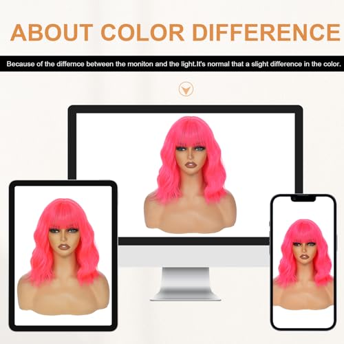 Image of AGO Pink Wigs with Bangs Pastel Bob Wig Shoulder Length 14Inch Synthetic Hair for Women Girl Heat Resistant Fiber Wig for Daily Party Halloween Cosplay Use(XT2124#HotPink)