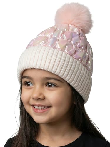 Funky Junque Toddler Girls Sparkle Beanie Winter Hat Faux Fur Pom Pom Fleece Lined Knit Ages 2-5 Shiny Metallic - Iridescent Pink