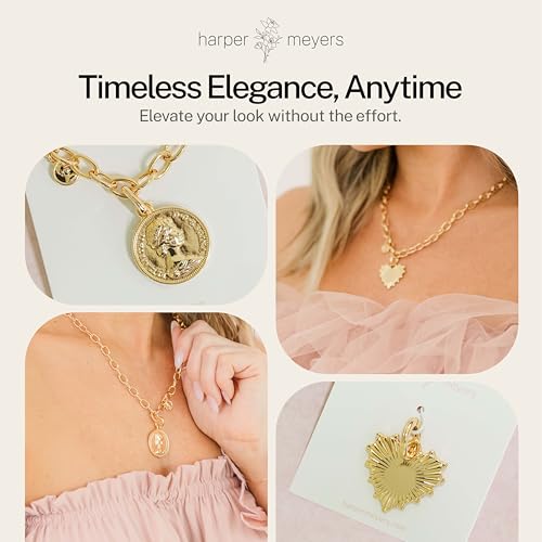 Harper Meyers Gold Medallion Necklace & Sunburst Heart Charm Bundle – Bold Statement Jewelry for Women – Interchangeable Gold Pendant & Heart Charm – Elegant Necklace Gift for Any Occasion 6