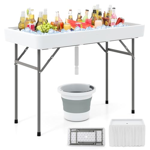 KOTEK Folding Ice Cooler Table 4 FT Portable Ice Table with Drain Matching Skirt & Foldable Bucket Buffet Beverage Server for Party Picnic Camping