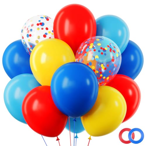 Image of RUBFAC Carnival Circus Balloon Kit, Red Yellow and Blue Primary Balloons 12in with Rainbow Confetti Balloons for Birthday Party Carnival Theme Back to School Party Decorations, 65pcs
