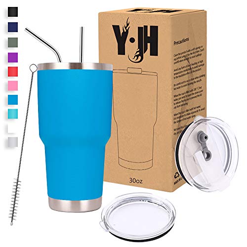 Y·JH 30oz (850ml) Vaso de Viaje de Taza de café con Aislamiento al vacío de Doble Pared Taza de café de Acero Inoxidable con 2 Tapas a Prueba de Salpicaduras, 2 pajitas, sin BPA - Cielo Azul Cover