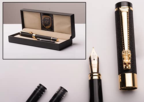 Luxury Matte Black Fountain Pen Set With Luxury Black Leather Gift Box For Men And Women Fine Nib Gold Color With 2 Spare Cartridges Black #TOP4