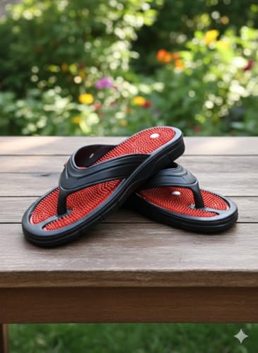 Image of Acupressure & Magnetic Slippers - Red /Black for Enhanced Blood Circulation, Stress Relief, and Foot Health