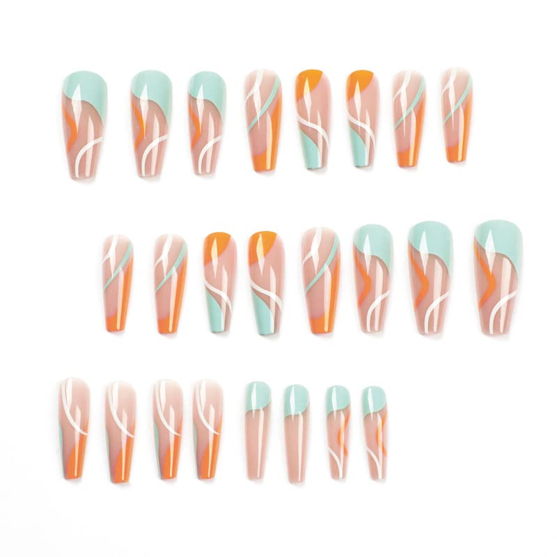 Miniatura 5 de 24 uñas postizas a presión con forma cuadrada de ataúd, de longitud larga, color rosa nude, con diseño francés de remolinos naranja, verde, uñas