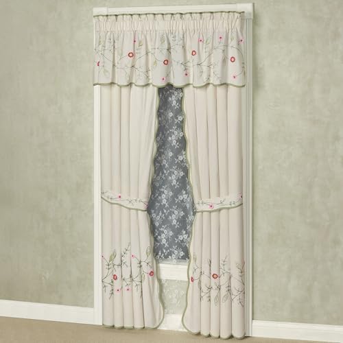 Posy Cottage Garden Lined Cotton Window Treatments | Chain Stitch Embroidery & Crochet Floral and Leaf Vine Fiber Art Designs | Rod Pocket Scallop-Edged Drapery Set with Valance & 84L Curtain Pair