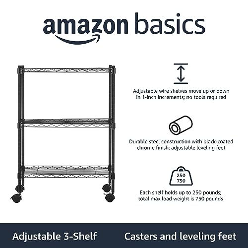 AmazonBasics Height Adjustable 3Shelves Heavy Duty Rack with Wheels (Black) 3Shelf Shelving
