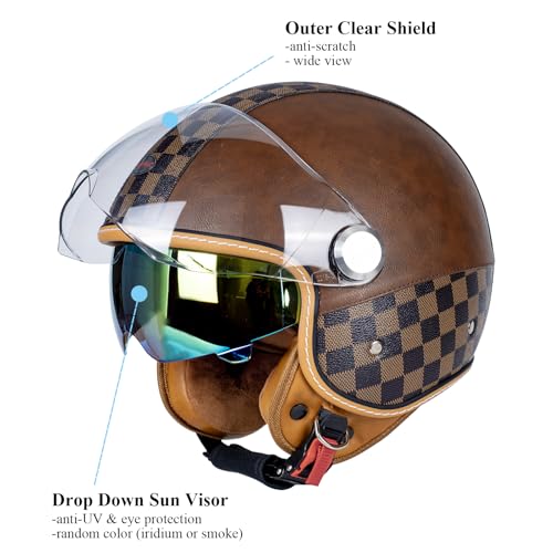 QUICKOOL Dual Visor 3/4 Open Face Motorcycle Helmet for Men & Women, DOT Approved Unisex Retro Half Helmet?Motorbike Casco for Moped Cruiser Bobber and Chopper (Short Outer Shield-Brown,M)
