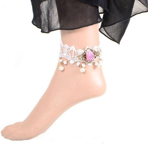 Idin Fashion Anklet - Gothic style white lace adjustable anklet with pink rose and pearl beads (approx. 24 cm)