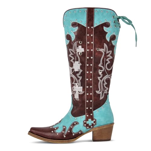 sexytag Embroidered Cowboy Boots Knee High Studded Two-Tone Pathwork Cowgirl Boots Wide Calf Low Heel Pointed Toe Side Zipper Back Lace Up Western Boot