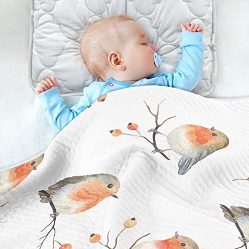 Image of Swaddle Blanket Robin Birds Cotton for Infants, Receiving Lightweight Soft Swaddling for Crib, Stroller, Nursery, 30x40 in, White