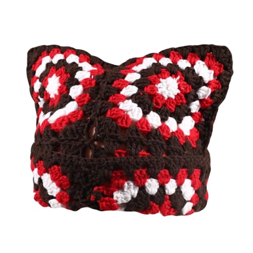 Crochet Hat for Women Cute Beanie Hat Cat Ears Cap Four Seasons Handmade Knitted Kawaii Slouchy Mixed Color (US, Numeric, 6 3/4, 7 1/2, Coffee Red and White)