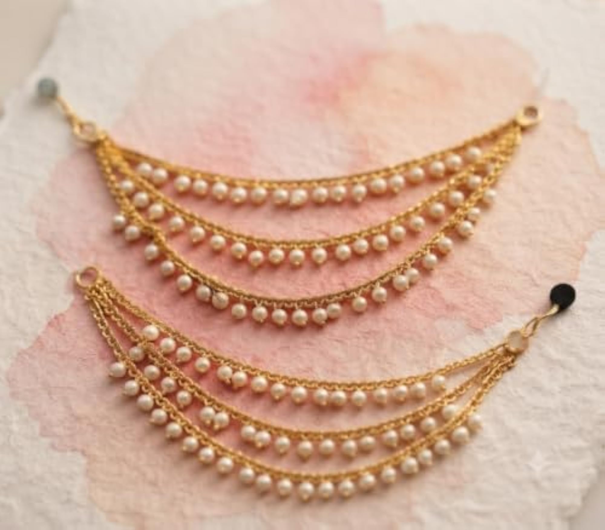 Gold-Toned Multi-Layer Draped Pearl Ear Chain Earrings